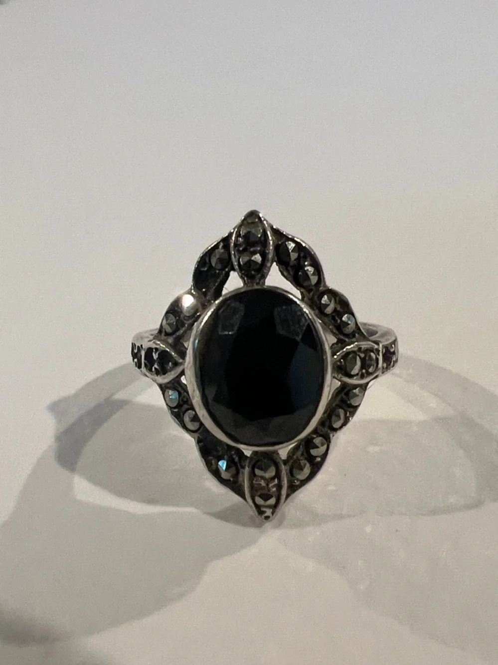 Sterling Silver Faceted Black Stone Marcasite Vintage Women's Ring